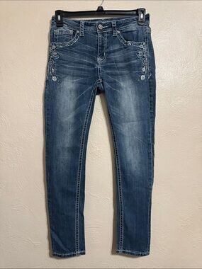 Grace in LA Women's Skinny Jeans with Embroidered Pockets - Blue Wash